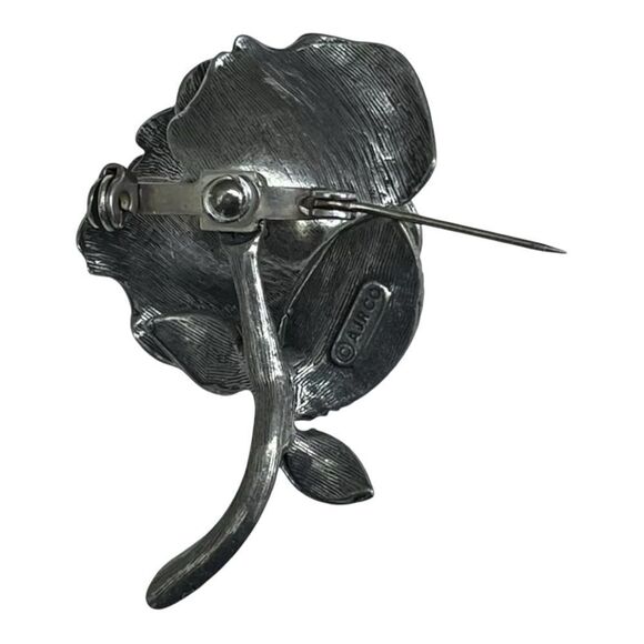 Vintage Brooch Pewter Layered Rose Stem Signed AJRCO Jewelry Pin - Picture 4 of 11